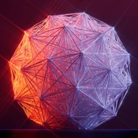 A captivating abstract 3D geometric shape illuminated in red and purple hues against a dark background.